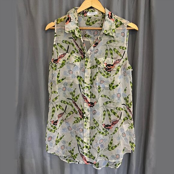 EQUIPMENT Femme Sheer Bird and Leaves Sleeveless Silk Top | L - Picture 1 of 6